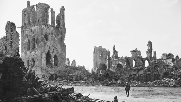 The ruins of the medieval Cloth Hall in Ypres in September 1917, shot by Frank Hurley, Australia’s official war photographer. The Hunters marched through Ypres only a few weeks prior.