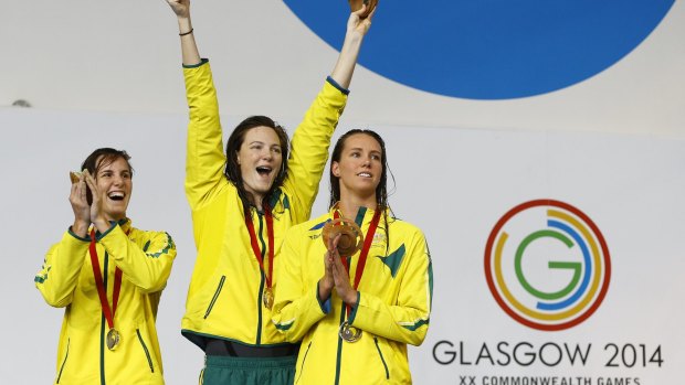 Clean sweep: the Campbell sisters with bronze medallist Emma McKeon.
