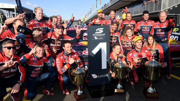 For the ages: Red Bull Holden Racing Team Australia celebrate Jamie Whincup's record win at Sydney Motorsport park.