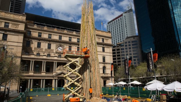 Cave Urban's 22-metre bamboo sculpture has been constructed on the forecourt of Customs House Square as part of the Art and About festival.