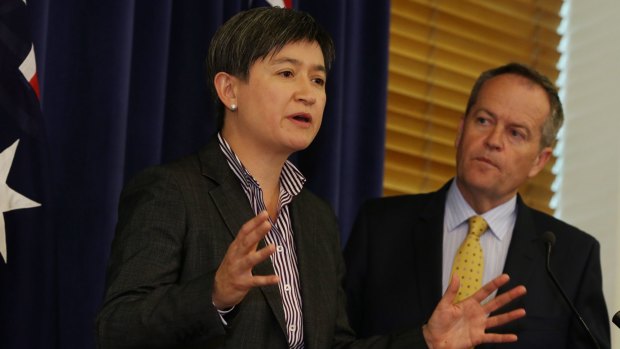 Opposition Leader Bill Shorten and shadow trade minister Penny Wong announce exposure draft amendments to the China free trade deal at Parliament House on Tuesday.