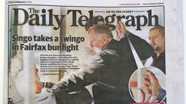The tear out of the front page of the Daily Telegraph from Tuesday May 12 showed John Singleton threatening Jack Cowin at Finger Wharf in Sydney.
