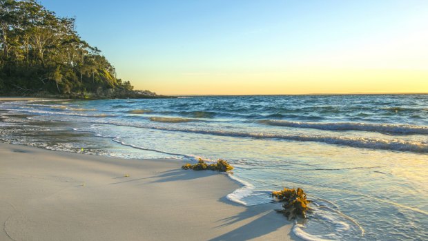 A beach in Huskisson, a town in Jervis bay marine park famous for white sand beaches,  whale watching, fishing and swimming.