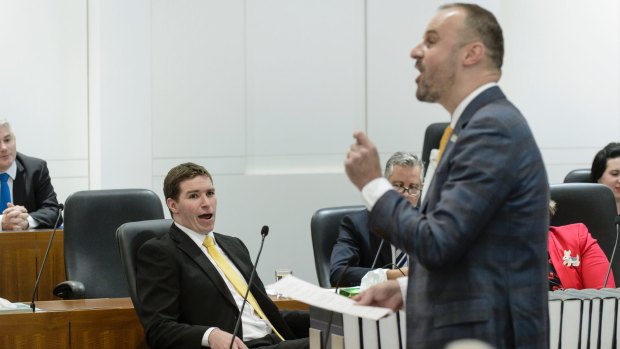 Opposition leader Alistair Coe and Chief Minister Andrew Barr in the chamber of the ACT Legislative Assembly last year. 