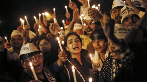 Protesters hold a candlelight vigil at an anti-rape demonstration in Delhi in 2014.