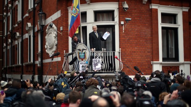 Julian Assange on the balcony of the Ecuadorian embassy in London last year.