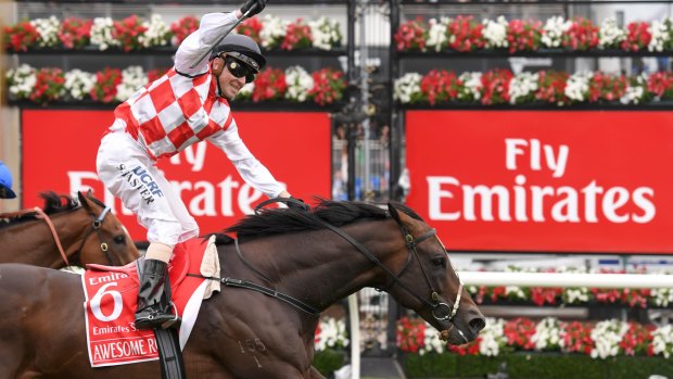 Victorian-trained Awesome Rock wins the Emirates Stakes at Flemington Racecourse last month.