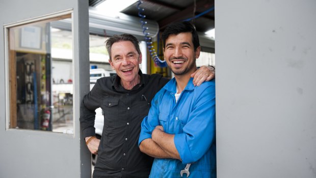 Documentary director Steve Thomas with Canberra mechanic and former refugee Mustafa Jawadi.