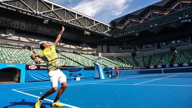 Nick Kyrgios on the newly opened Margaret Court Arena in December 2013. This year the retractable roof on the court will be operational for the first time.