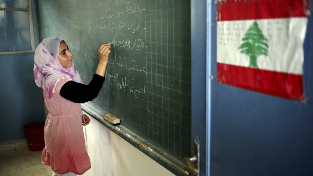 A Syrian refugee in a classroom in northern Lebanon.
