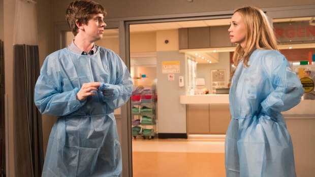 Dr Shaun Murphy (Freddie Highmore) and Dr Morgan Reznick (Fiona Gubelmann) in The Good Doctor.