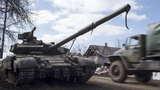 A pro-Russian rebel tank in the village of Molochnoye, north-east of Donetsk.