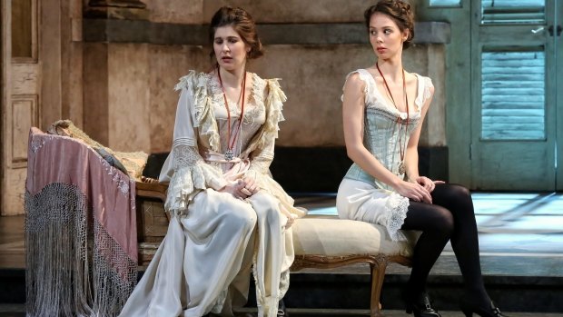 Nicole Car (left) as Fiordiligi and Anna Dowsley as Dorabella in Opera Australia's <i>Cosi Fan Tutte</i>.