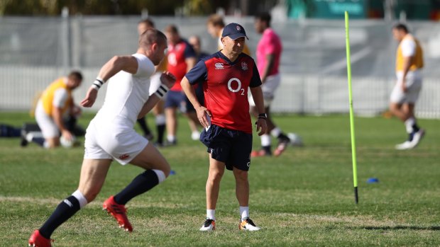 Primed: Eddie Jones oversees England training at Coogee Oval on Thursday.