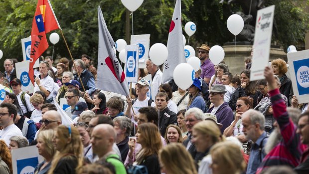 Protesters rally against government cuts to the CSIRO at the State Library of Victoria on April 2.