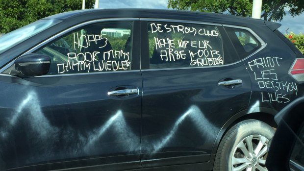 Attack: Graffiti on James Hooper's car during State of Origin camp at Kingscliff.