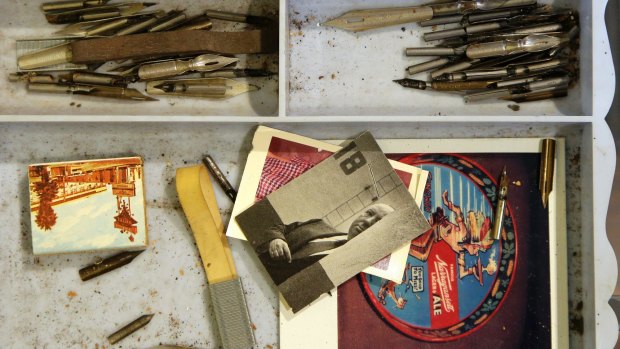 A tray of pen nibs and memorabilia once belonging to author and artist Theodor Seuss Geisel.