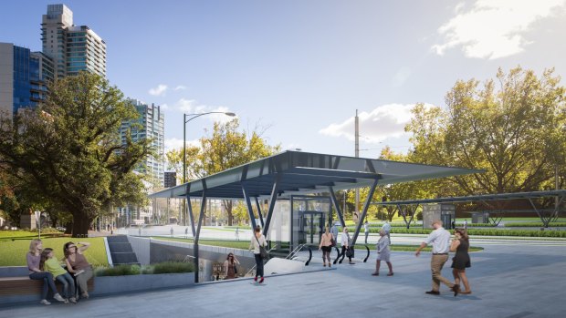 An artist's impression of the new railway station beneath St Kilda Road opposite the Shrine of Remembrance. 