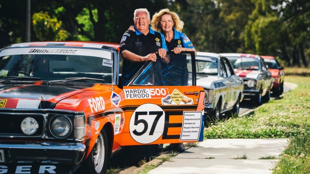 Kevin May and Kathleen Mincham with their Ford GT replica in Canberra for the Aussie Muscle Car Run, raising money for the Leukaemia Foundation.