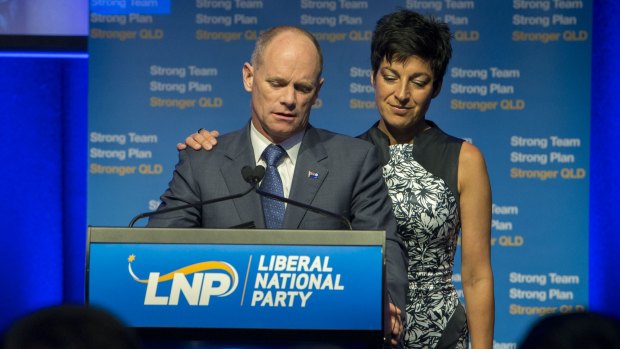 With wife Lisa, Campbell Newman addresses supporters in Brisbane on election night.