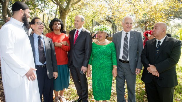 From left: Imam Wessam Charkawi, Tony Pang, Aboriginal leader Auntie Shireen Malamoo, Vic Alhadeff, the Australian-Cook Islands Community Council's Margaret Nekeare-Cowan, the Australian Hellenic Council's Con Tagaroulias and Hany Gayed support changes to the Anti-Discrimination Act.