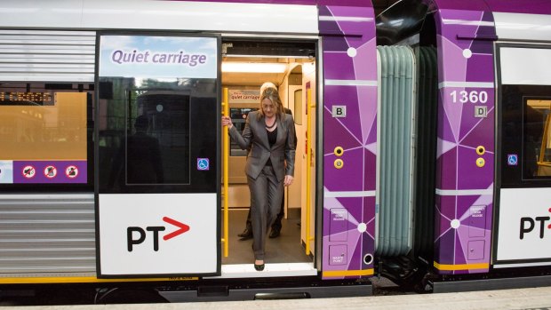 Public Transport Minister Jacinta Allan is seen inspecting the first of more than 100 new trains ordered by the Labor government.