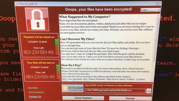 A screen shot from Twitter of a computer at Greater Preston Clinical Commissioning Group showing a message presumably generated by an international cyber attack.
