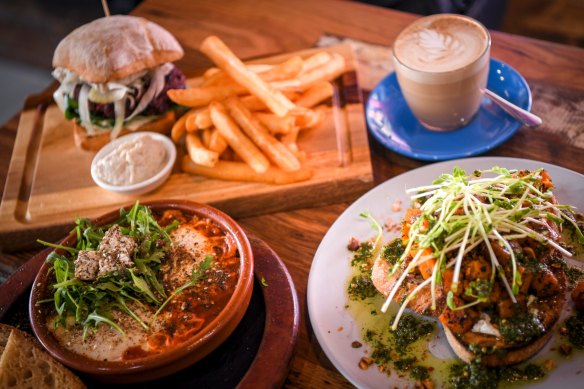 (Clockwise from top left): lentil walnut beetroot burger; sage roasted pumpkin on toast and shakshuka (baked eggs).