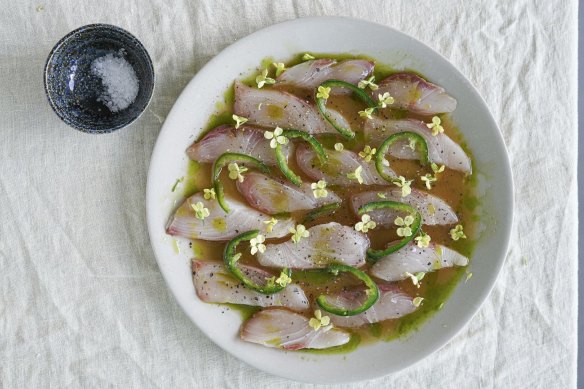 Kingfish crudo dressed with ginger, citrus, chilli and coriander oil.
