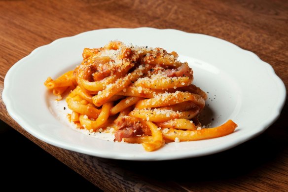 Pasta is done with care and depth; notably this Roman bucatini all'amatriciana.