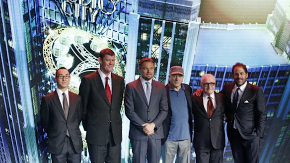 James Packer with his Macau business partner Lawrence Ho (left) and Hollywood stars Leonardo DiCaprio, Robert De Niro, director Martin Scorsese and producer Brett Ratner.