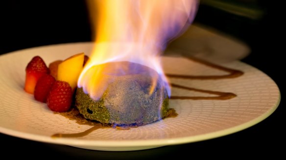 The flaming 'matcha lava bomb' dessert.