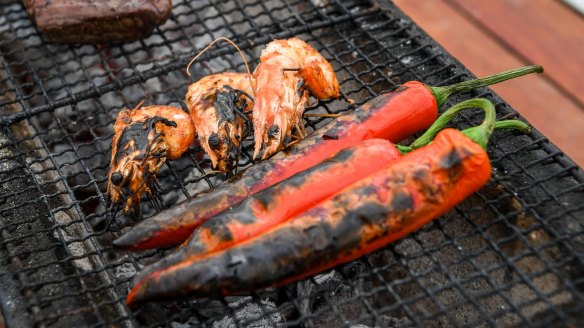 Peppers and prawns on Matt Dawson's hibachi.