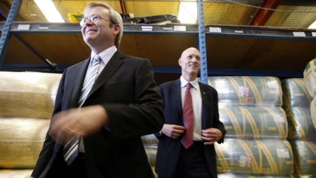 Prime Minister Kevin Rudd and Minister for Environment, Heritage and the Arts Peter Garrett visit the Just-Rite Insulation Warehouse in the Canberra suburb of Fyshwick.