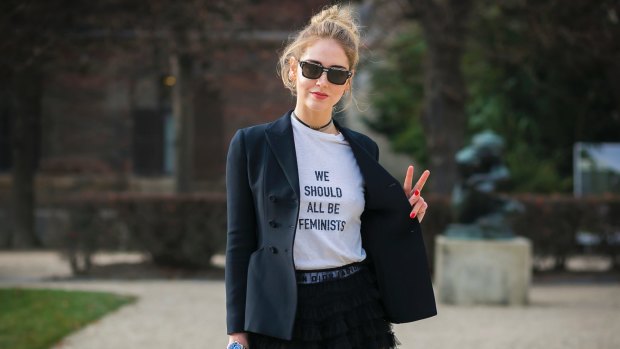Chiara Ferragni, recently named by Forbes magazine as the world's leading fashion influencer, wears a $710 Christian Dior T-shirt that references a TED talk and novel by Chimamande Ngozi Adichie. 