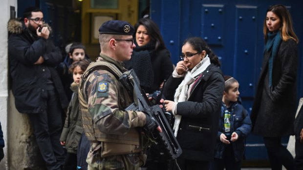Jewish schools in France, such as this one in the Marais district of Paris just after the Charlie Hebdo attacks last year, have received extra security after terror attacks.