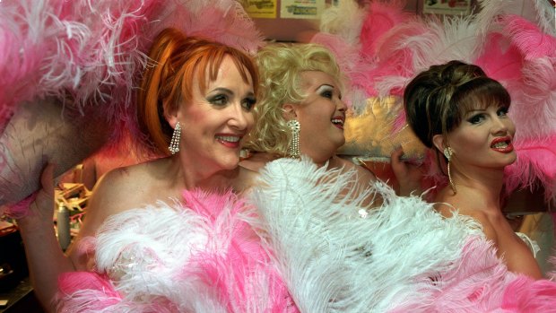 The Showbags drag queens, Amanda Monroe, Jessica James and Vivien St James, performing at the Greyhound Hotel in 2002.