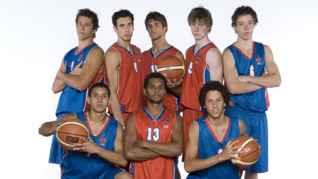 Patty Mills in the centre at the front and Matthew Dellavedova at the back on the far right during their days at the AIS.