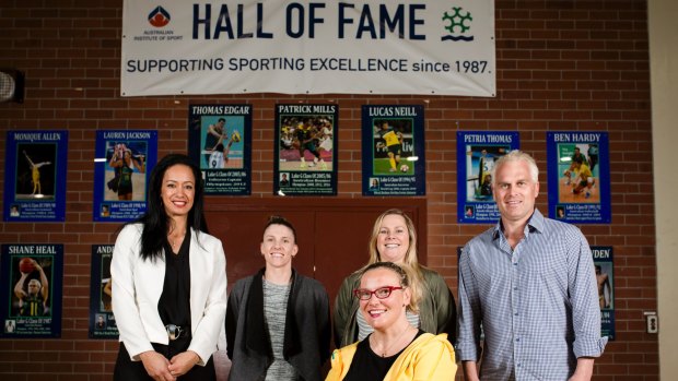 Lake Ginninderra College celebrated their 30th year with another Hall of Fame induction. Behind from left, Christie Mokotupu, Nat Hurst, Amy Wilson, Shane Heal, (front) Louise Ellery.
