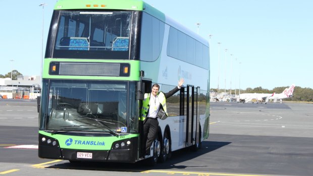 Gold Coast Translink director Keith Boyer welcomes the double decker bus fleet to the Gold Coast.