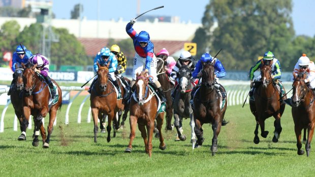 Happier times: Kathy O'Hara rides Single Gaze to win The Vinery Stud Stakes.