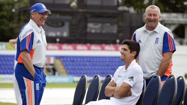 Happy campers: England coach Trevor Bayliss, captain Alastair Cook and assistant coach Paul Farbrace.