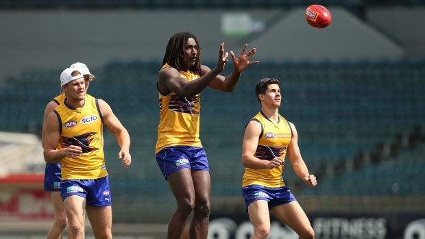 Key man: Nic Naitanui gets ready to take a mark during a West Coast training session at Domain Stadium on Tuesday.