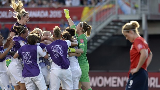 Norway's Isabell Herlovsen (right) hangs her head as England players celebrate following their 2-1 win over Norway.