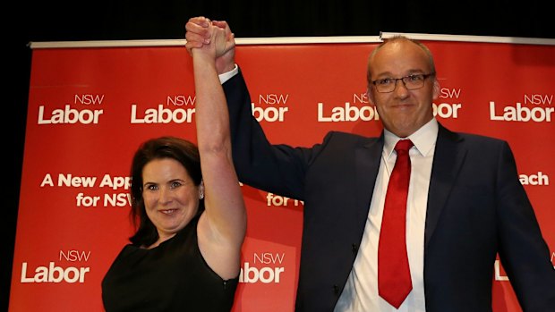 Luke Foley and his wife Edel at Dooleys Lidcombe Catholic Club. "We have a two-party system again in NSW. The next election, friends, is now winnable for Labor," Mr Foley told supporters.