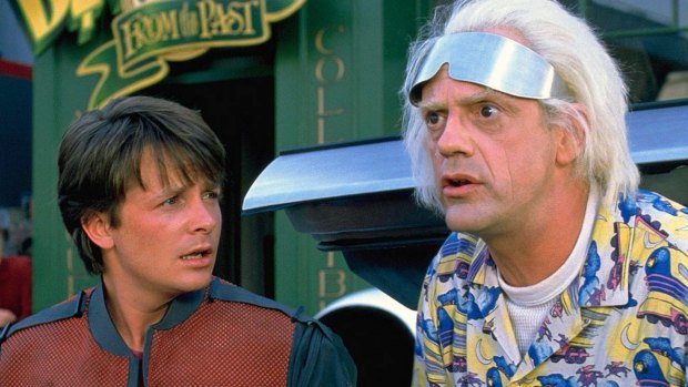 Michael J. Fox and Christopher Lloyd in Back to the Future, where Fox's Marty McFly has to go back in time to reconcile his parents.