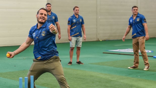 Josh Reynolds shows his bowling style in the SCG nets during the press call for the City team.
