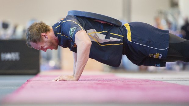 Push: Jesse Mogg during a gym training session for the Brumbies.