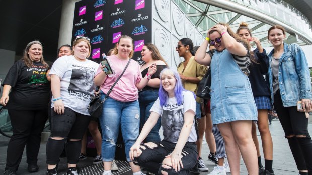 Harry Styles fans queuing at The Star: (far left) Anne Toknell, 44, is joined by her daughter, and Cassandra Higham (bottom  front), with competition winner Mahitha Ramanathan (behind), and (far right) Ava Hancock and Georgia Campagner.