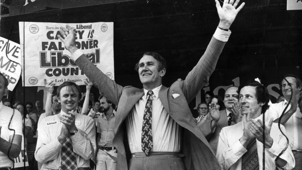 Malcolm Fraser rousing the party faithful in 1975.